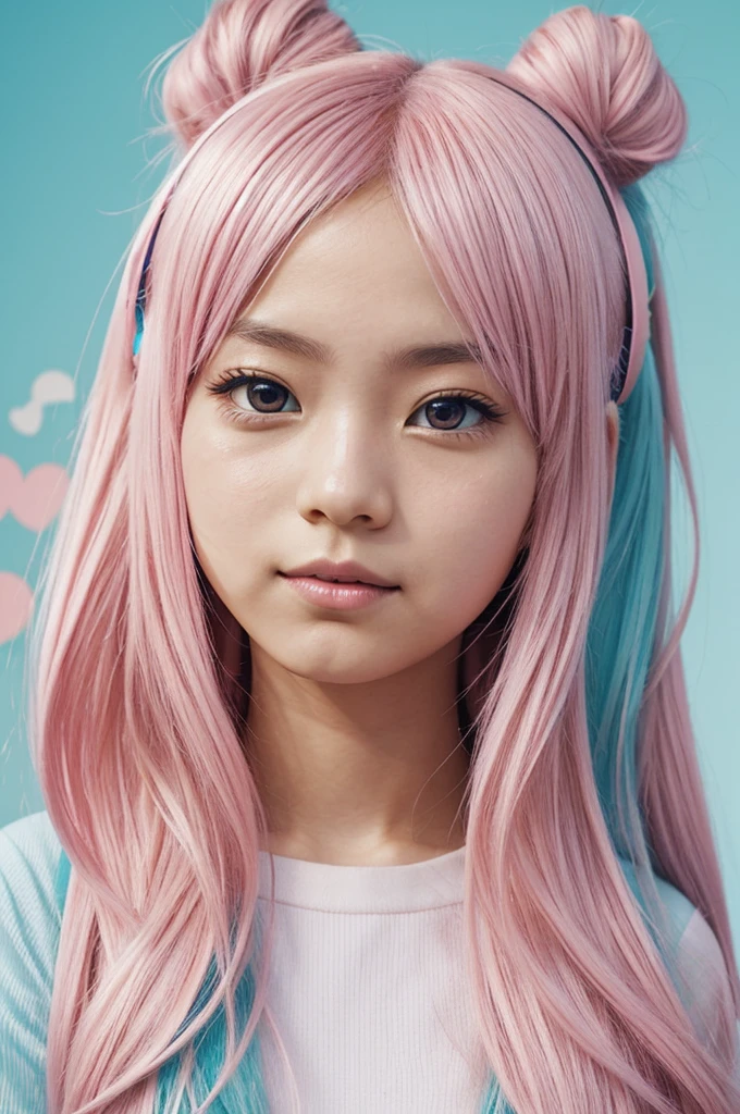 Hatsune Miku, Light pink streaks in her hair, childish accessories on her hair, childish stickers on her face, soft face