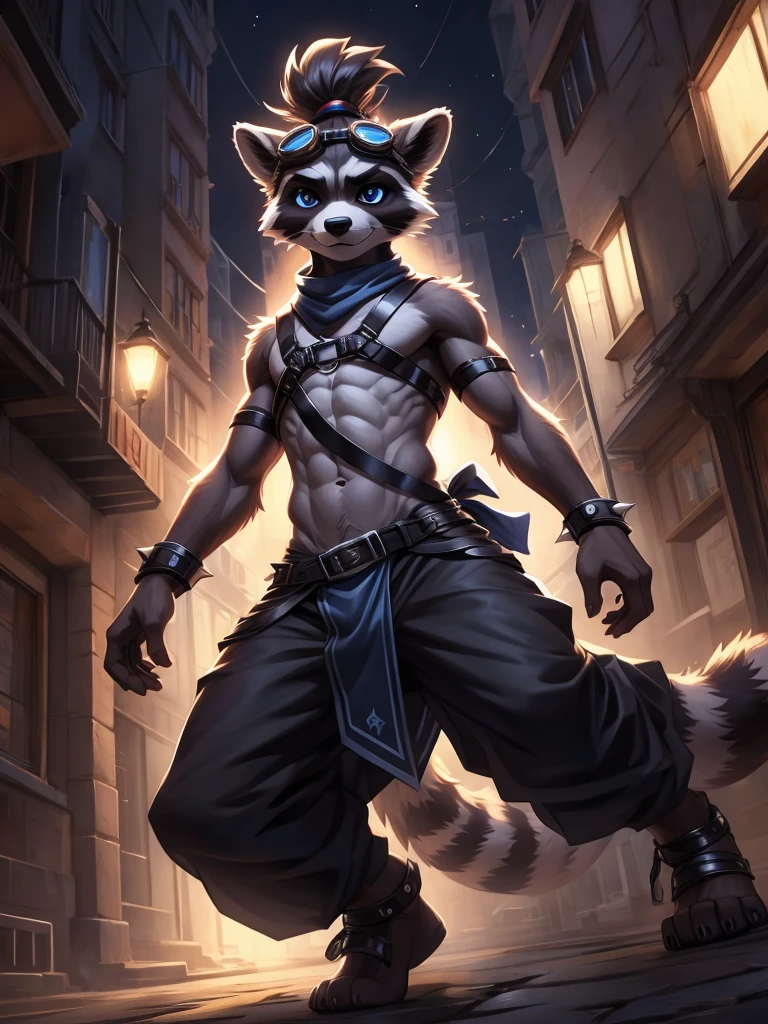 no lighting, deep shadow, dynamic angle, Solo, teen furry, furry, teen, raccoon, grey body, long brown spiked_ponytail, Detailed body fur, long blue scarf, leather_harness, blue_loincloth, goggles, masterpiece, gray body, Detailed face, big eyebrows, blue eyes, detailed eyes, No muscles, Detailed hands, Flat body, Skinny, Detailed paws, metal cuffs on wrists, black baggy pants, no shirt, street, night, no underwear, laying, bored