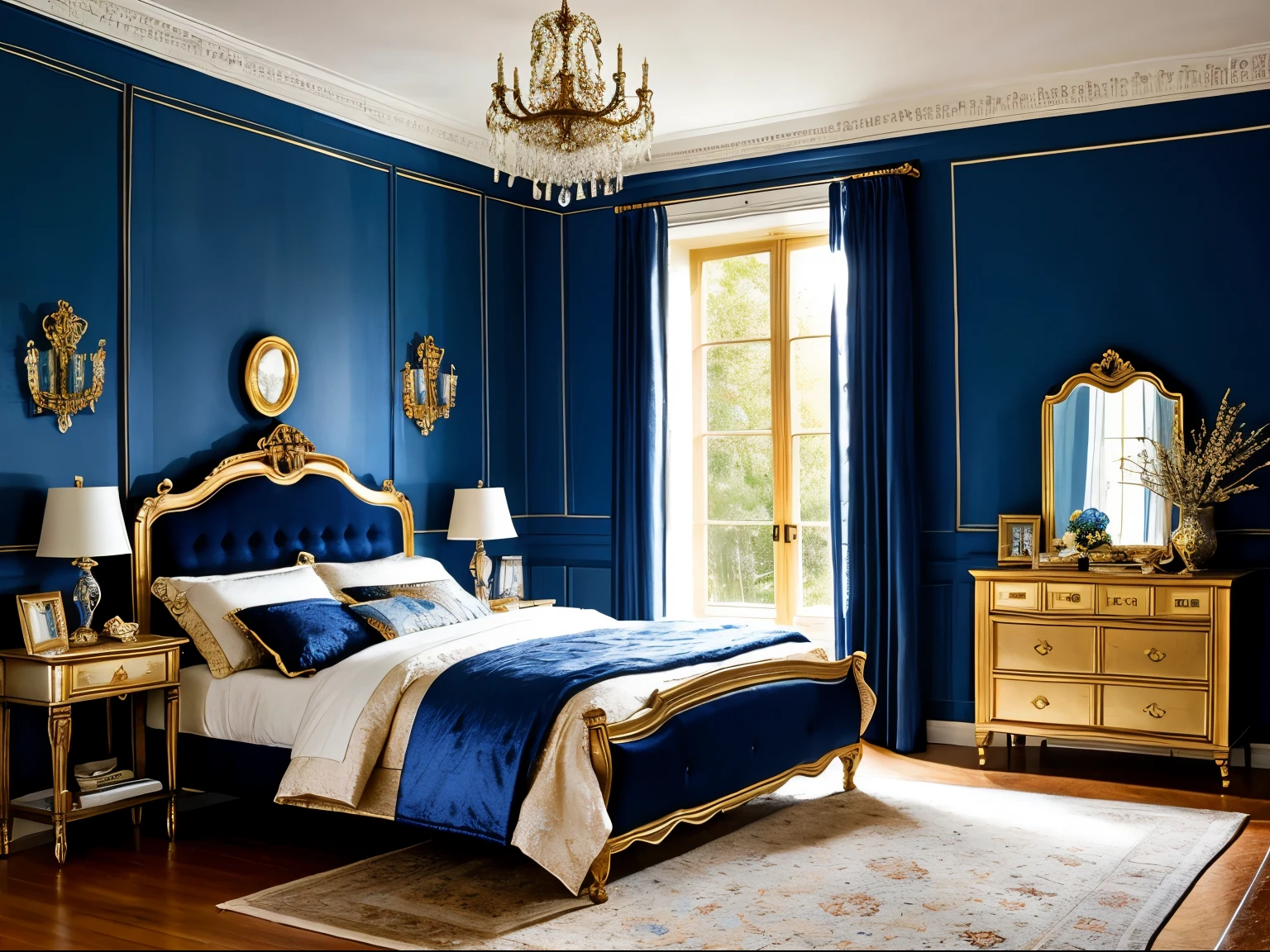 masterpiece, 4k, dark royal blue, with some sparkles, with some magical decorations and different decorations, vintage, sunlight and warmer color with girl decoration, bedroom, fantasy style