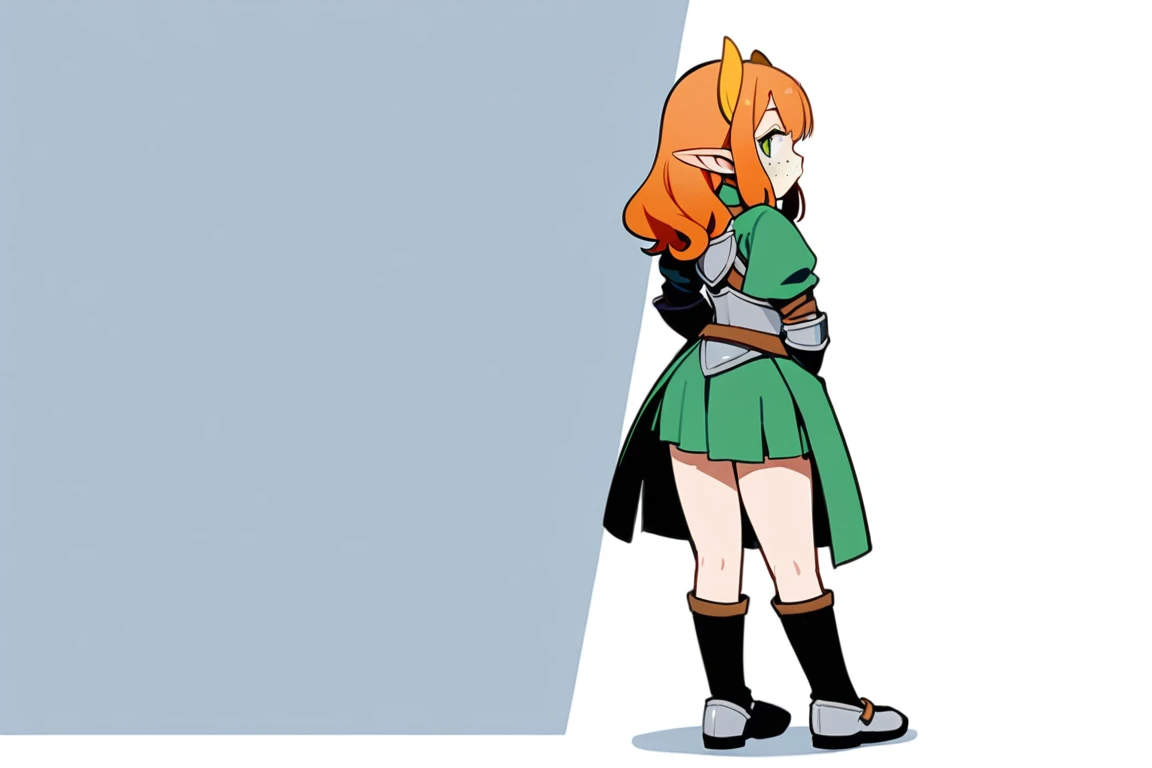 (The same character,front,side,back)White background,(whole body)girl,Orange hair,curls,Green eyes,Wearing armor,Short skirt,Freckles,Elf ears,whole body像,Equal proportions,Same clothes,Same shoes,有side,有front,有back