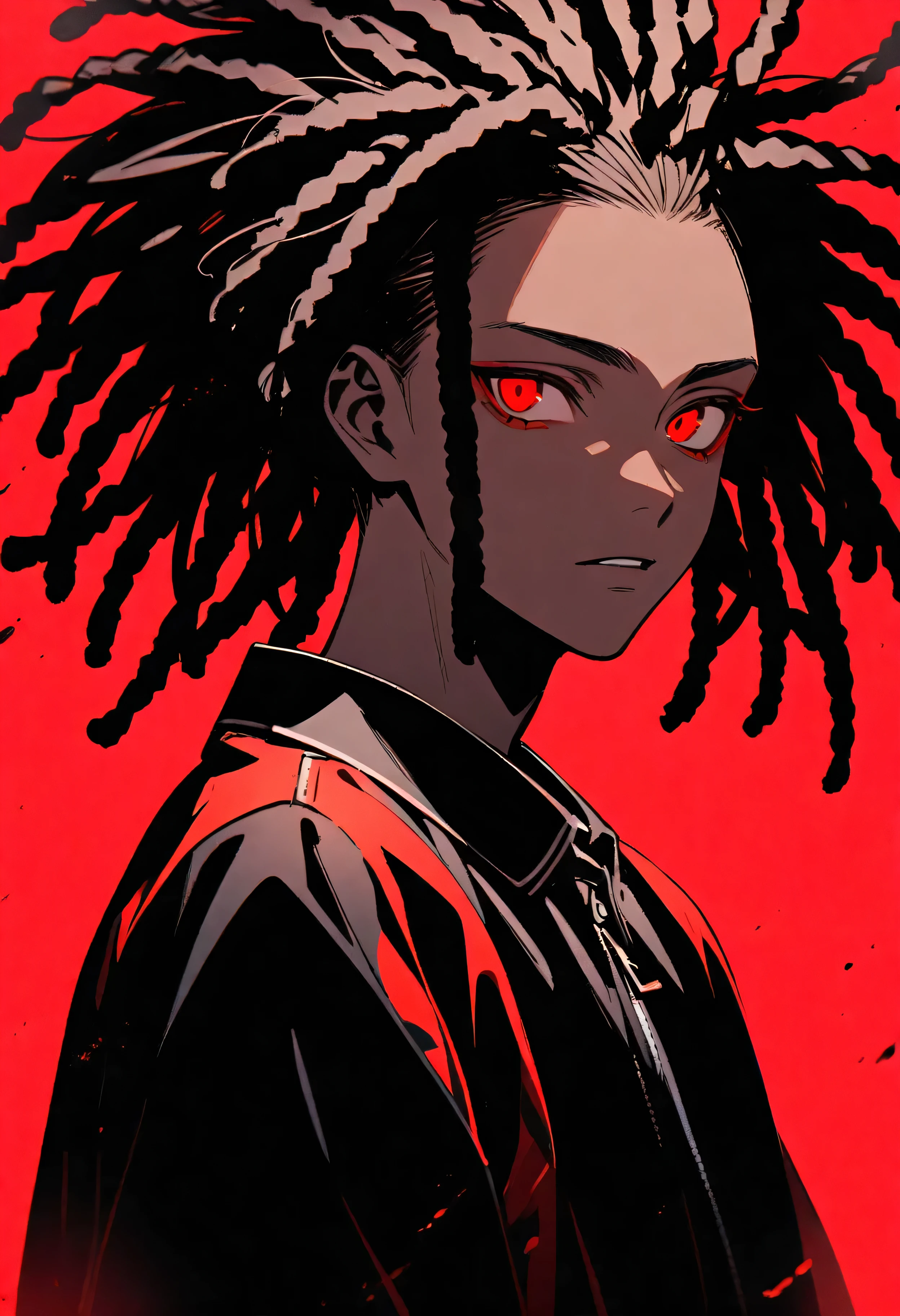 black man with red eyes, dreadlocks and black and red background 