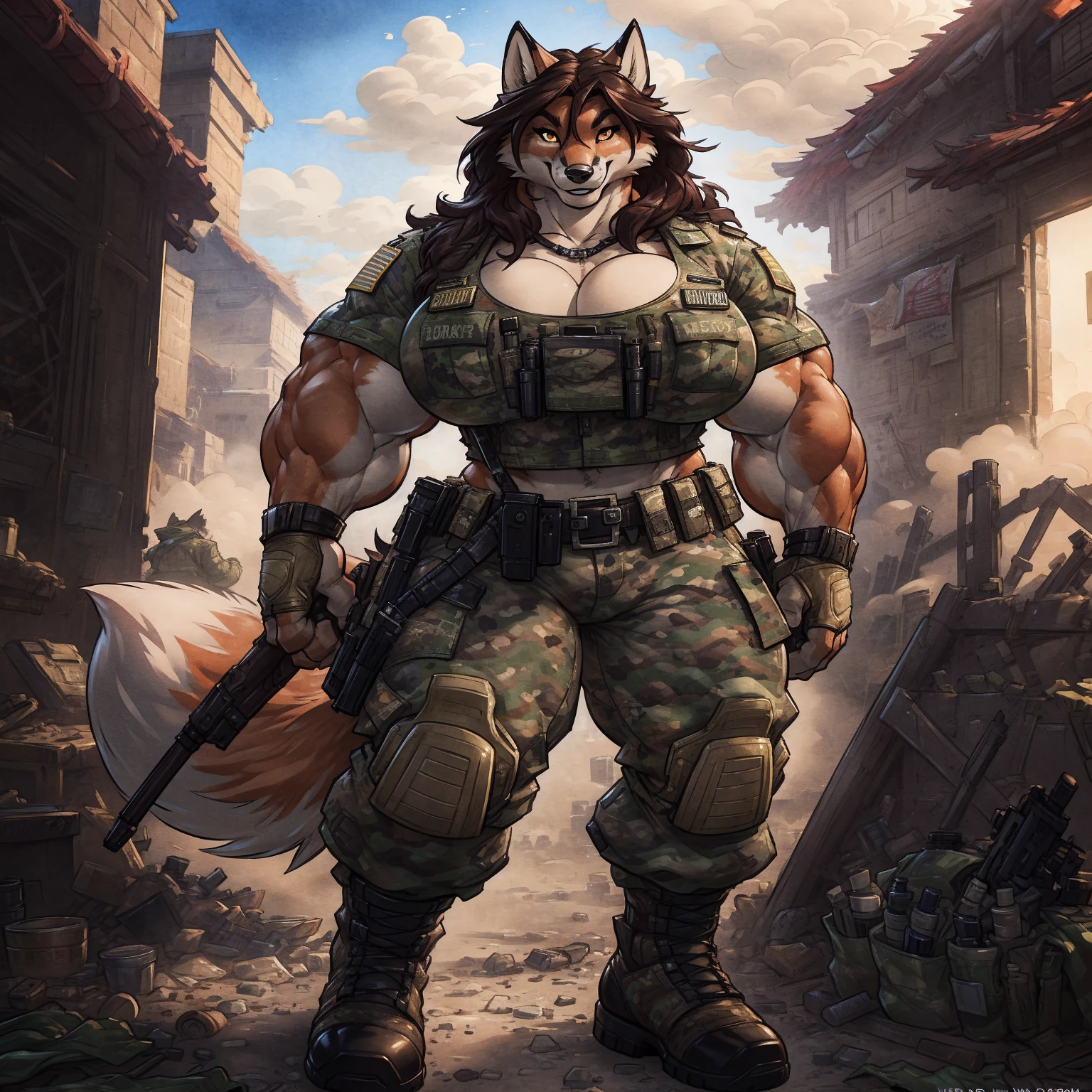 solo, 1girl, fox, female, broad shoulders, stocky build, buff, muscular, large breasts, gold eyes, highly detailed eyes, long snout, Amazon, powerful figure, wearing camouflage_uniform, (urban uniform:1.2), military camp, rolled sleeves, shirt, trousers, cleavage, standing upright, combat boots, full body, smiling, friendly, looking at viewer, realistic lighting, by darkgem, by wfa, by gideon,