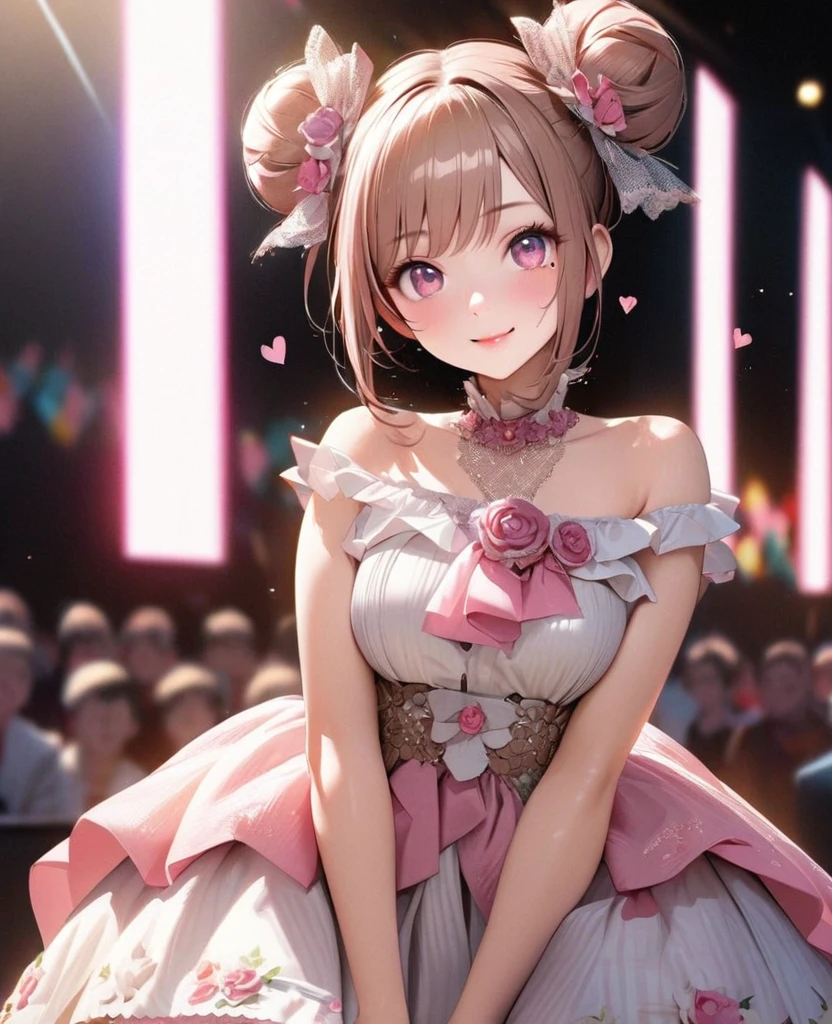 One Girl、Looking at the audience、lovely,
Beautiful pink eyes、Two brown double hair buns , Mole under the eye、Plump and glossy lips、Heart-shaped choca、Idol、Her name is Rico,smile、ー、。.。.。.。.。.。.。.。.。.。.。.。.。.。.。.。.。.。.3D、Realistic、
off shoulder dress, Drape clothes、gem、The decoration has been removed、Floral、Lace trim,On a glittering stage、
masterpiece、highest quality、8k、Detailed skin texture、Detailed cloth texture、Beautifully detailed face、Intricate details、Very detailed、
超A high resolution、8k Ultra HD、Film Grain、Best Shadow、delicate、Gazing at the audience、front