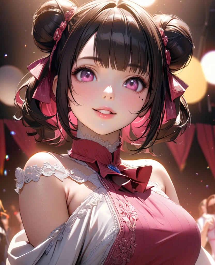 One Girl、Looking at the audience、lovely,
Beautiful pink eyes、Two brown double hair buns , Mole under the eye、Plump and glossy lips、Heart-shaped choca、Idol、Her name is Rico,smile、ー、。.。.。.。.。.。.。.。.。.。.。.。.。.。.。.。.。.。.3D、Realistic、
off shoulder dress, Drape clothes、gem、The decoration has been removed、Floral、Lace trim,On a glittering stage、
masterpiece、highest quality、8k、Detailed skin texture、Detailed cloth texture、Beautifully detailed face、Intricate details、Very detailed、
超A high resolution、8k Ultra HD、Film Grain、Best Shadow、delicate、Gazing at the audience、front