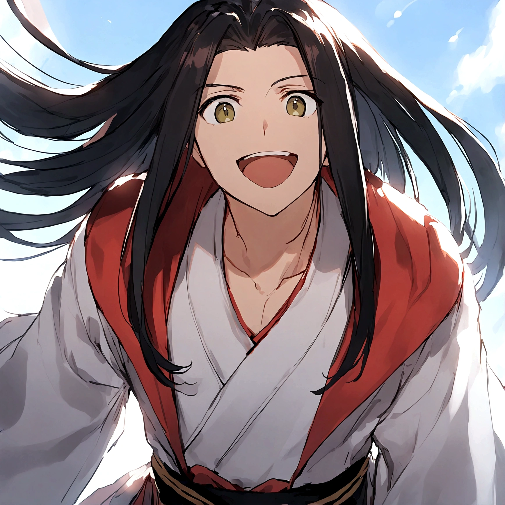 1boy，Black Hair，Aho，White shirt，Red edge jacket，Facing the audience，Smile，clavicle，Japanese clothes，Wearing a coat，Long hair，open mouth，solo