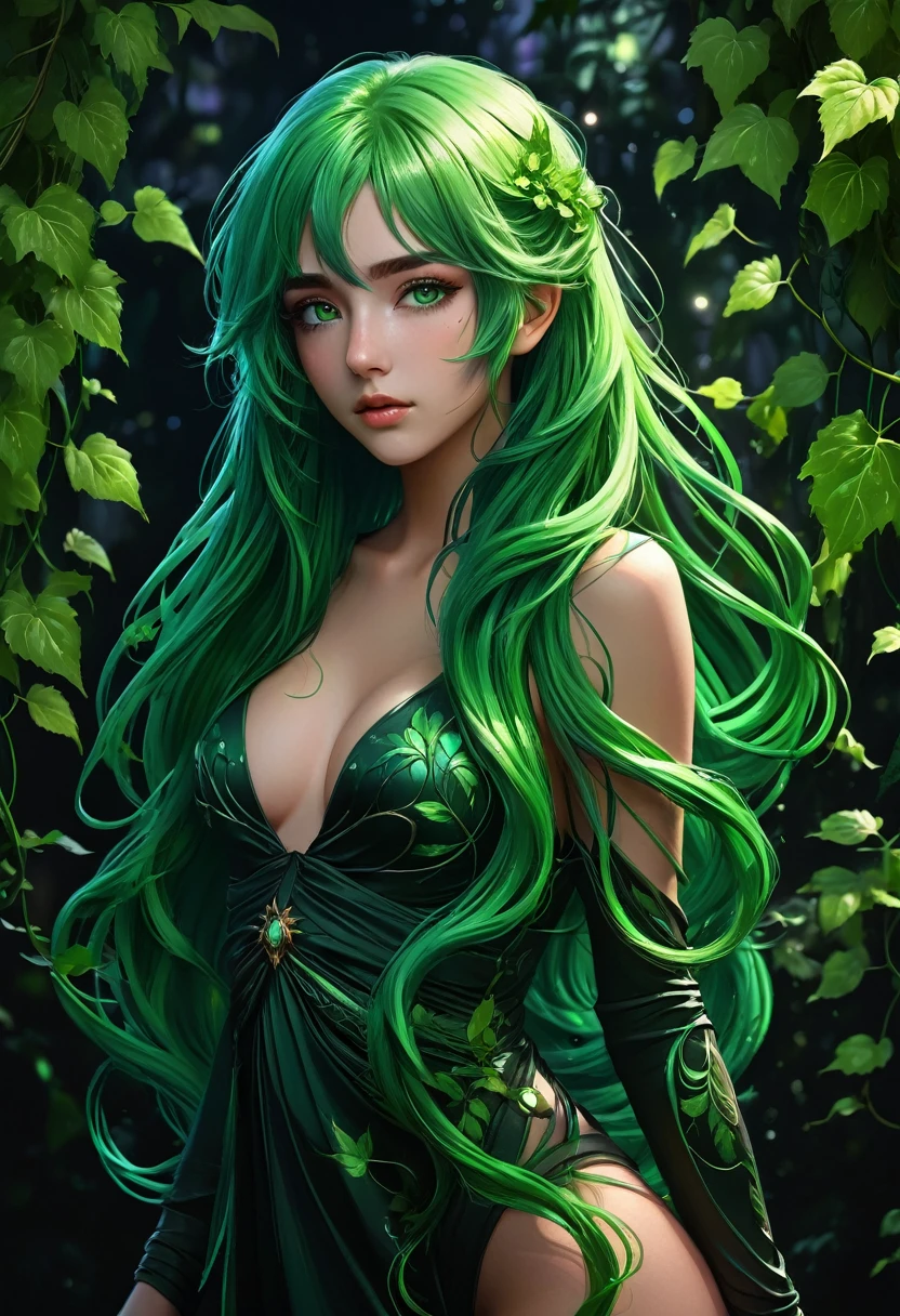 a girl with green hair and green eyes is standing in front of a dark background, green flowing hair, body wrapped around by vines, girl with cosmic hair, 8k high quality detailed art, fantasy art style, anime art wallpaper 4k, detailed digital art, anime fantasy artwork, epic fantasy art style hd