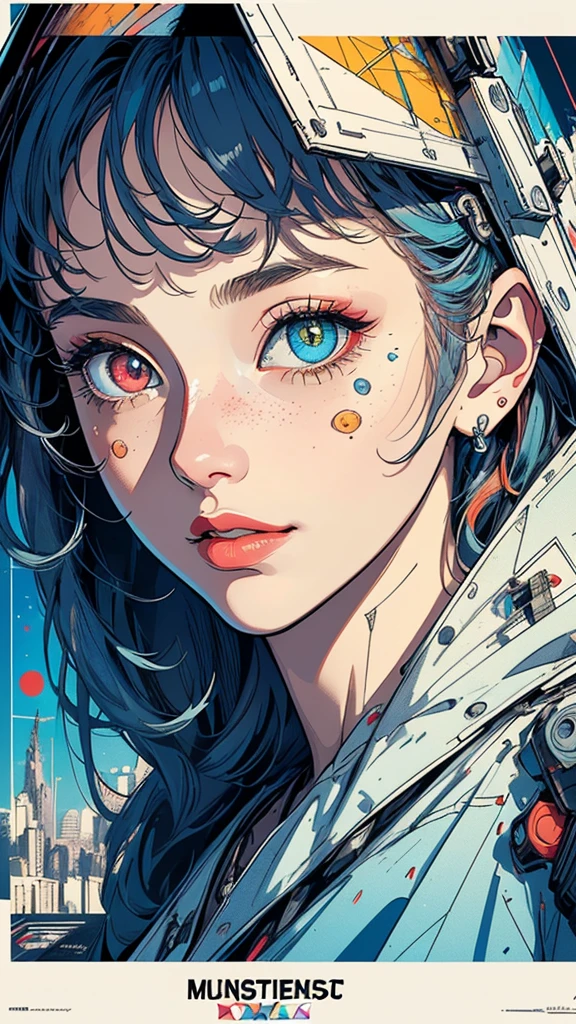 (((masterpiece, highest quality))),(((solo:1.2))),(((1girl:1.2))),32k wallpaper, very detailed, poster, vintage science fiction, 1960s,(((((geometric cinematic movie poster))))), (bauhaus), shape,(((abstract))), mid century modern, movie poster, vintage, Perfect Lady,1970's, halftone, speech bubble,(((portfolio,Close-up))),(((various angle))),(((bust up))),((highlight)),Vast landscape,((((heterochromia)))),(((complete. detailed face))),(((Extremely talented))),(((most complecated machine)))