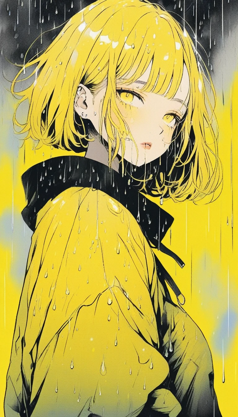 Illustrator, anime , Realistic ,sketch , Abstract rain on background、1 girl, ,lip, sweater,order, Yellow gradient background, Yellow Hair,Short Bob、blacktshirt、Textured Trim, Canadian, (masterpiece,Highest quality) Cancer