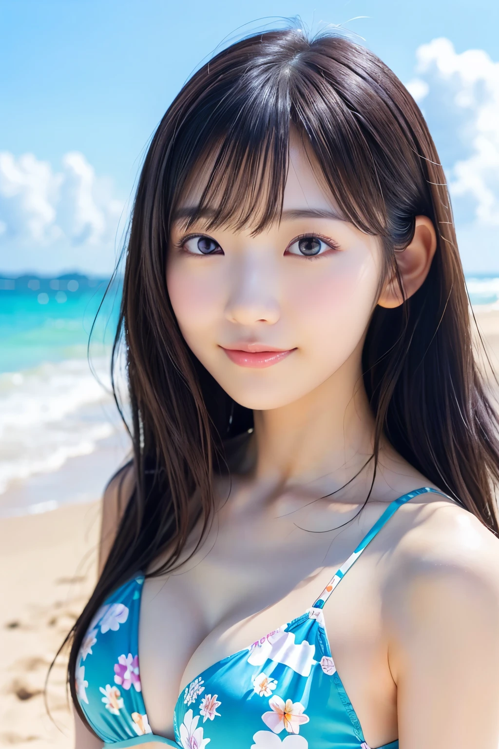 (Highest quality、Tabletop、8k、Best image quality)、1 female、(beautiful, Glowing Skin:1.1)、Brown Hair、最もbeautiful笑顔が私を見ている、(Face close-up:1.3)、(Floral Bikini:1.1)、beautiful sea、Shining bright sea、澄んだbeautiful sea、(とても澄んだ鮮やかなbeautiful海:1.1)、beautiful広々Sandy beach、beautiful surf edge、beautiful sunny sky、beautiful cumulonimbus clouds、(very bright and vivid:1.2)、(beautiful, Glowing Skin:1.1)、(Ultra-high resolution, 明るくbeautiful肌:1.2)、Ultra-high resolution beautiful teeth、Ultra HD Hair、Ultra-high resolution sparkling eyes、Natural Makeup、Accentuate your body lines、(Very 明るくbeautiful肌:1.1)、Big Breasts、Slender body、(Perfect Anatomy:1.1)、Sculptural installation、Blurred Background