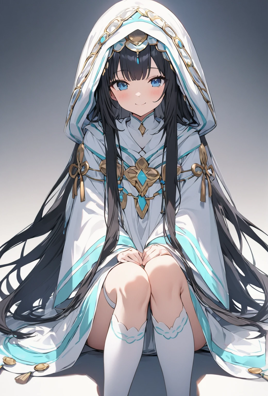 ((Highest quality)), ((masterpiece)), ((Very detailed)), (Very cute),A gentle-looking woman with black hair and a smile, about 165cm tall，A woman with a cute smile wearing a hooded shrine maiden outfit with cool decorations on her long hair, alone, Cute attitude,(background(bright)，Long Hair - Straight，Knee-high socks、A white shrine maiden outfit with a highly decorated hood，White wall、Sitting、Facing the viewer