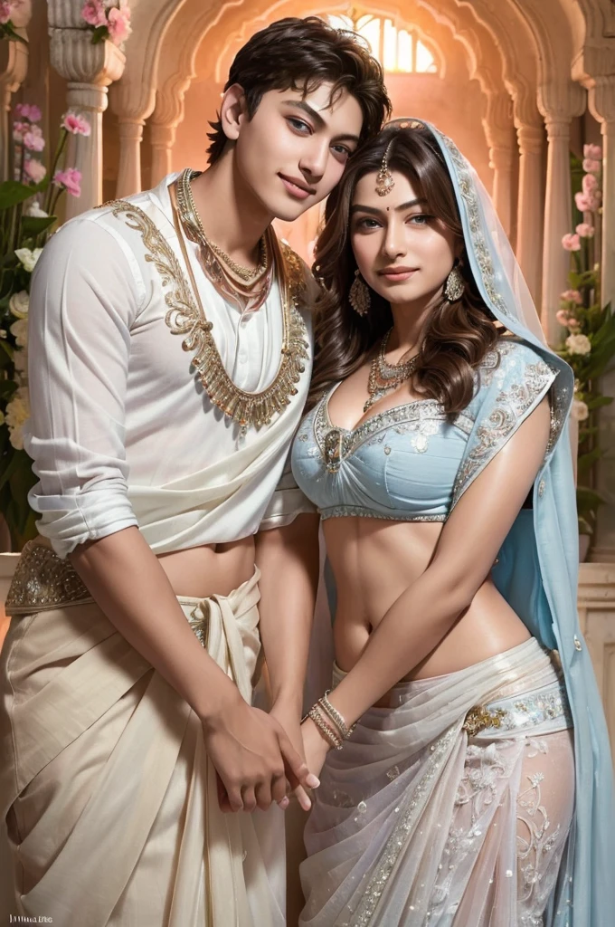 (( Fair skinned Indian Mother and young son getting incest married picture:1.5)), Ultra detailed photo of a ultra sexual incredibly gorgeous Indian 32 year old sexy angelic supermodel mother bride, ((ultra sexy bridal miniskirt saree:1.5)), mystical lights, backlit, ((very detailed faces)), focus on face, (very deep cleavage:1.5), ink lines, dynamic, modern, awe inspiring, whimsical, complex, dreamlike, magical, visually stunning, high contrast, soft colors, high quality fingers, normal hands, detailed fingers, Absurd resolution, ((high resolution:1.5)), (masterpiece: 1.4), super detailed, (((detailed face, detailed expression)), (realistic, photo-realistic:1.37), (full body:1.5), (masterpiece), best quality, ultra beautiful woman, slender legs, sexy slender legs, thin waist, blonde hair, bright blue eyes, cute round ass, with a fun quirky smile, unbuttoned blouse, view from the front
