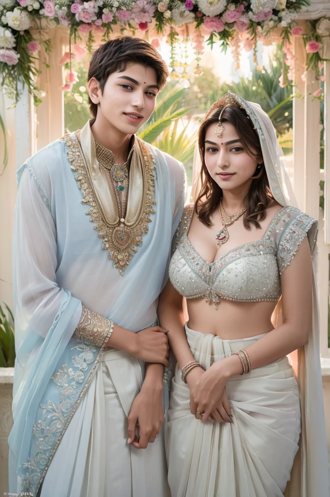 ((Mother and son loving couple together:1.9)), (( Fair skinned Indian Mother and teen son getting incest marriage picture:1.5)), Ultra detailed photo of a ultra sexual incredibly gorgeous Indian 32 year old sexy angelic supermodel mother bride, ((ultra sexy bridal miniskirt saree:1.5)), mystical lights, backlit, ((very detailed faces)), focus on face, (very deep cleavage:1.5), ink lines, dynamic, modern, awe inspiring, whimsical, complex, dreamlike, magical, visually stunning, high contrast, soft colors, high quality fingers, normal hands, detailed fingers, Absurd resolution, ((high resolution:1.5)), (masterpiece: 1.4), super detailed, (((detailed face, detailed expression)), (realistic, photo-realistic:1.37), (full body:1.5), (masterpiece), best quality, ultra beautiful woman, slender legs, sexy slender legs, thin waist, blonde hair, bright blue eyes, cute round ass, with a fun quirky smile, unbuttoned blouse, view from the front