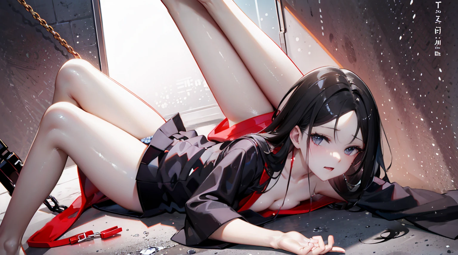 Small breasts,Long Black Hair,Poor body,Chained,In underwear,Clothing,imprisonment,Leg spread,Painful face,Agony,torture,Humiliation,Drooling,Gritting your teeth,Anal Development