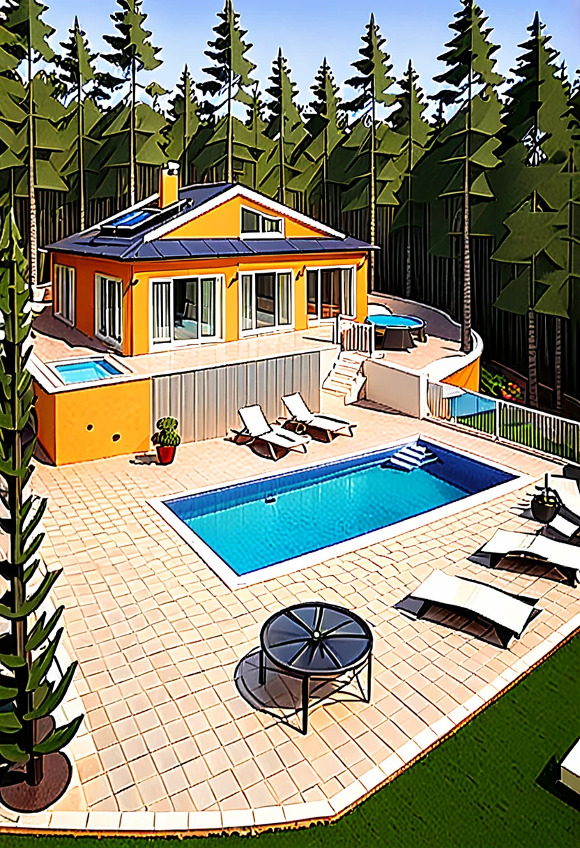design of a modern one-storey house (no stairs), the house has panoramic windows, in front of the house is a large swimming pool, in front of the pool are sun beds, behind the house is a small spruce forest, near the house there is a playground, there is a closed terrace, on the terrace is a small table and soft comfortable chairs,