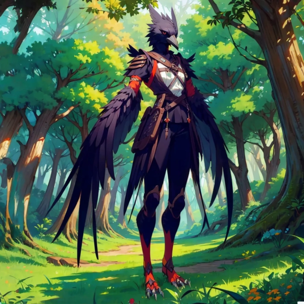 prospect(Anthropomorphic crow、Wearing ancient adventurer gear、The arms and hands are integrated with the bird's wings, and there are no bird wings on the back. Only the arms and hands have bird wings.、The feet are claws)、With background (Dense forest)