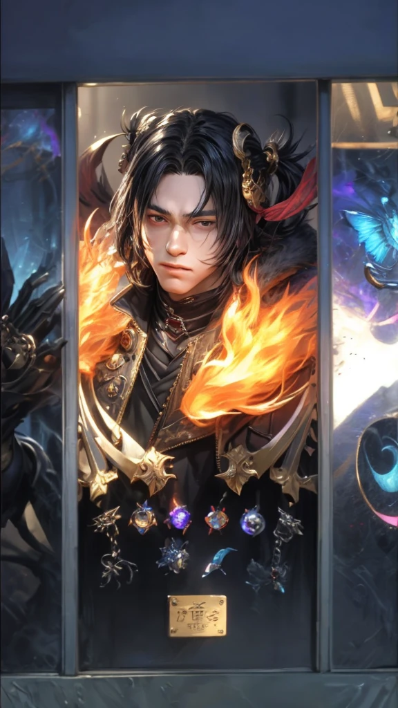 masterpiece, best quality, 1man, adult, male focus, solo, medium black hair, vibrant black eyes, looking at viewer, closed mouth, emo, Fantasy aesthetics, Highly detailed, shadowverse style, leather coat, realistic