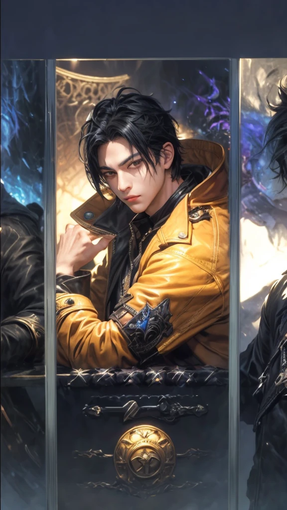 masterpiece, best quality, 1man, adult, male focus, solo, medium black hair, vibrant black eyes, looking at viewer, closed mouth, emo, Fantasy aesthetics, Highly detailed, shadowverse style, leather coat, realistic