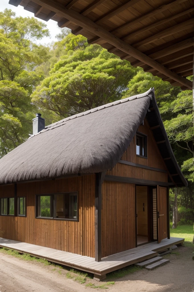 Nordic wooden house with thatched roof, com arvores, estrada de pedra com muro baixo de pedra