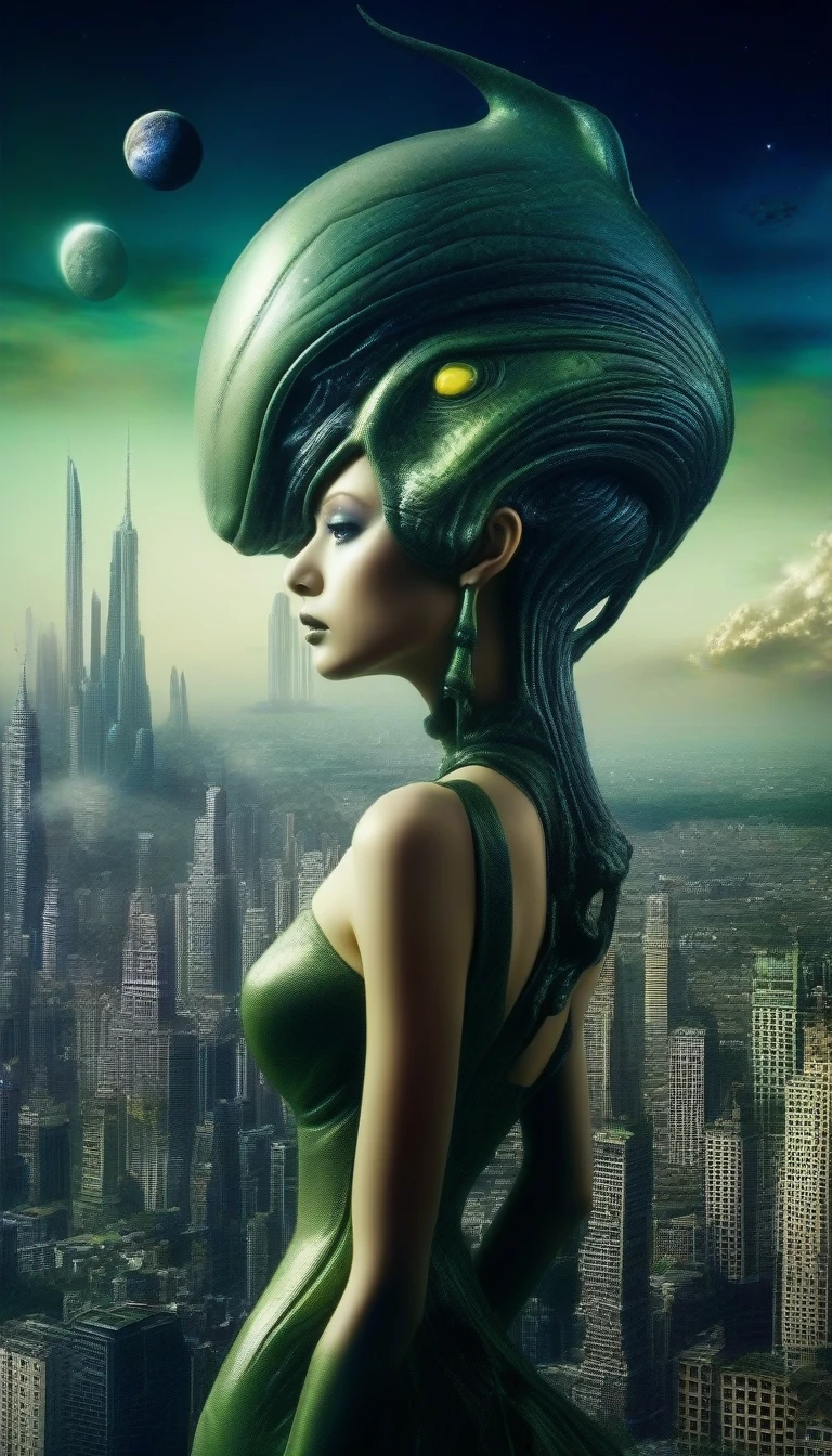 Surrealism、High definition、design、Beautiful alien woman、Surreal city