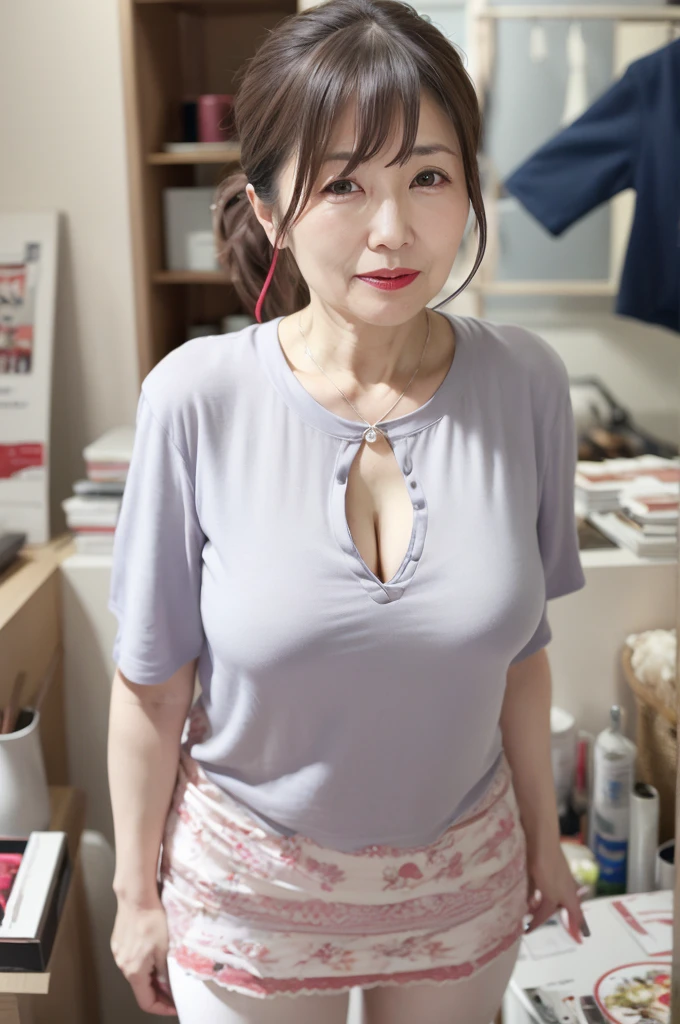 8k, 55 year old mature Japanese woman, Beautiful mature woman, Long eyelashes, Low Ponytail, Red lipstick, t shirt cleavage, mini skirt, Pearl Necklace, Red lipstick, sexy,