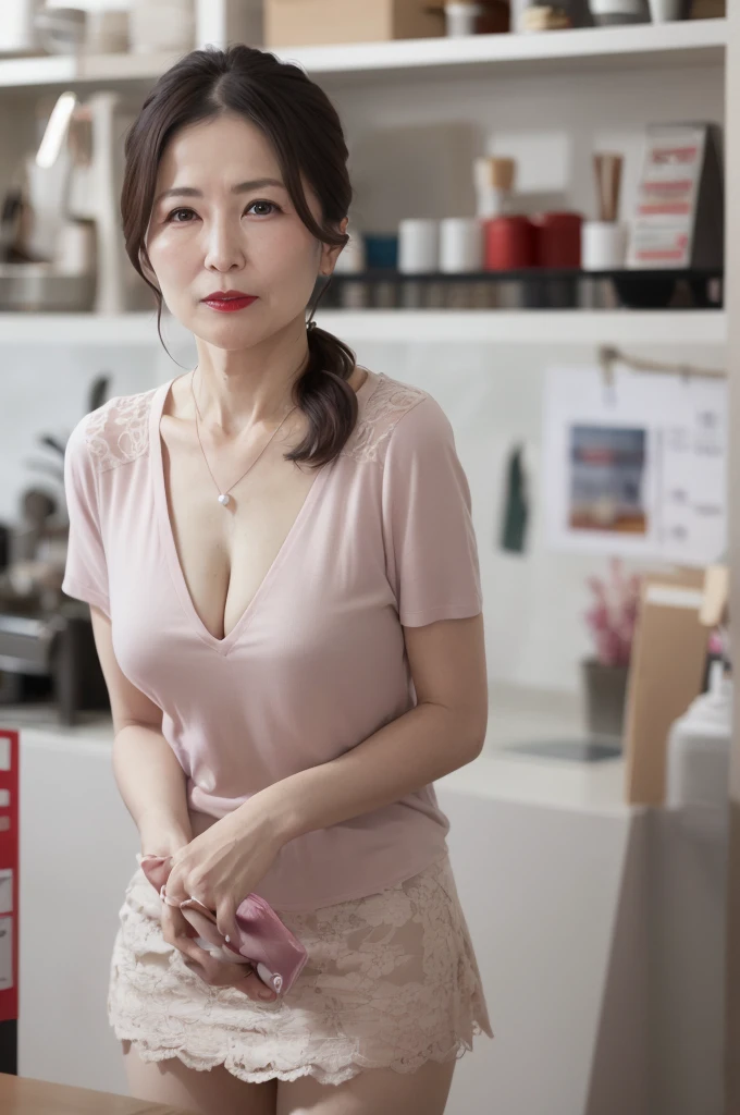 8k, 55 year old mature Japanese woman, Beautiful mature woman, Long eyelashes, Low Ponytail, Red lipstick, t shirt cleavage, mini skirt, Pearl Necklace, Red lipstick, sexy, 