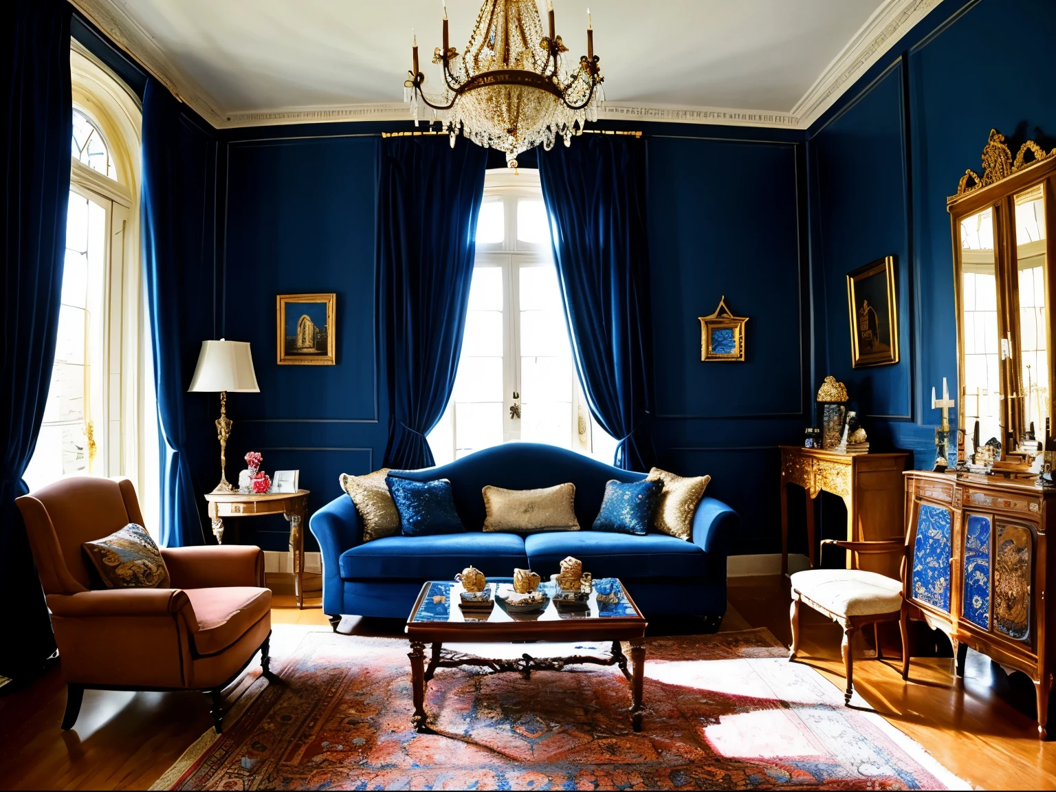 masterpiece, 4k, dark royal blue, with some sparkles, with some magical decorations and different decorations, vintage, sunlight and warmer color with girl decoration, living room, fantasy style