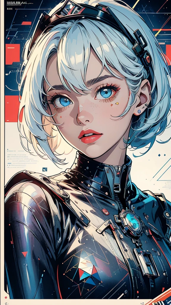 (((masterpiece, highest quality))),(((solo:1.2))),(((1girl:1.2))),32k wallpaper, very detailed, poster, vintage science fiction, 1960s,(((((geometric cinematic movie poster))))), (bauhaus), shape,(((abstract))), mid century modern, movie poster, vintage, Perfect Lady,1970's, halftone, speech bubble,(((portfolio,Close-up))),(((various angle))),(((bust up))),((highlight)),Vast landscape,((((heterochromia)))),(((complete. detailed face))),(((Extremely talented))),(((most complecated machine)))