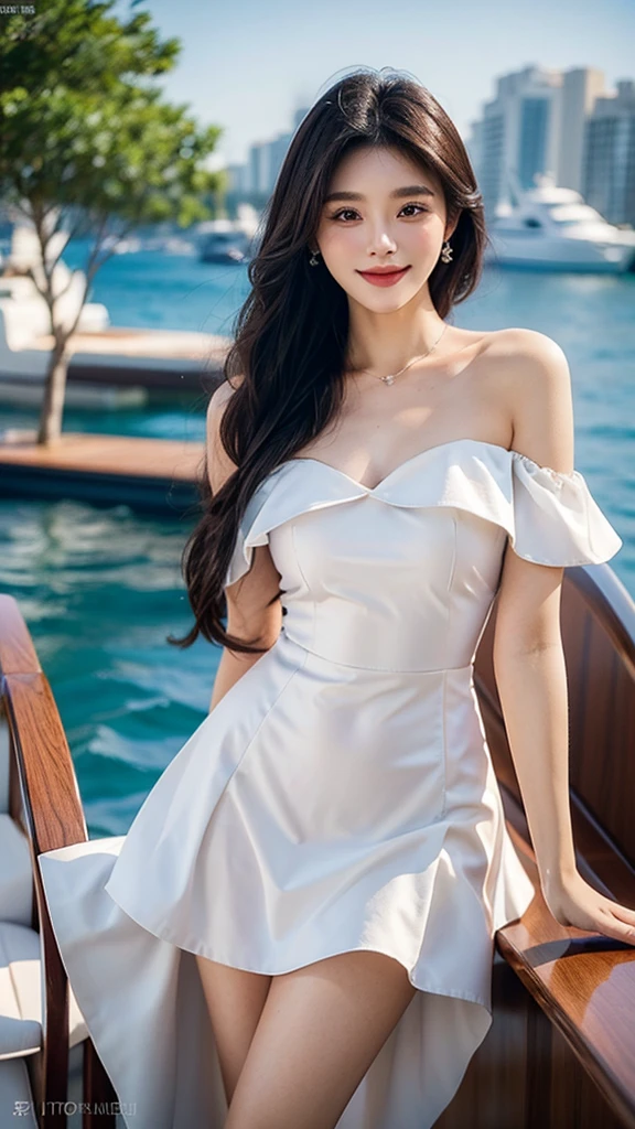 A sweet girl by the yatch,voluminous hair,Delicate face,Photorealsitic,of a real,largeaperture,wears a purple and white dress,A cropped dress,Off-the-shoulder,A dress around the neck,Slim,smiles,Ultra-high resolution, Blurred background