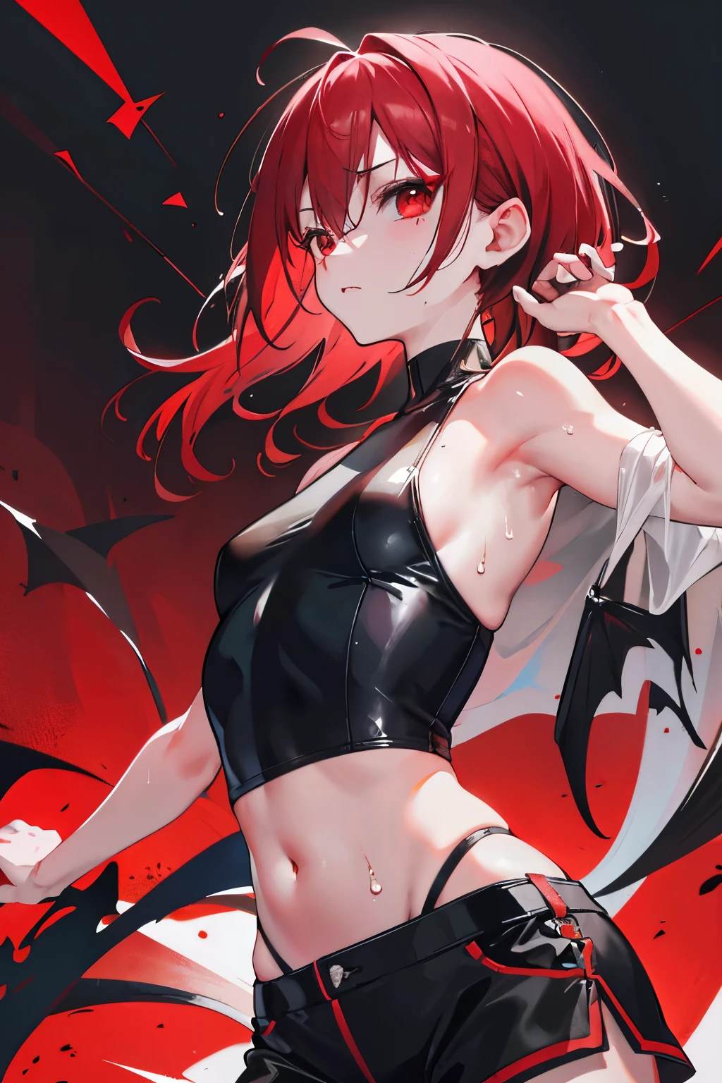 underdressing,indifferent,Red Eyes,Sweat,Soaked,liquid,transparent,Expression of disgust,Back,Cropped tops,Leather Shorts,succubus