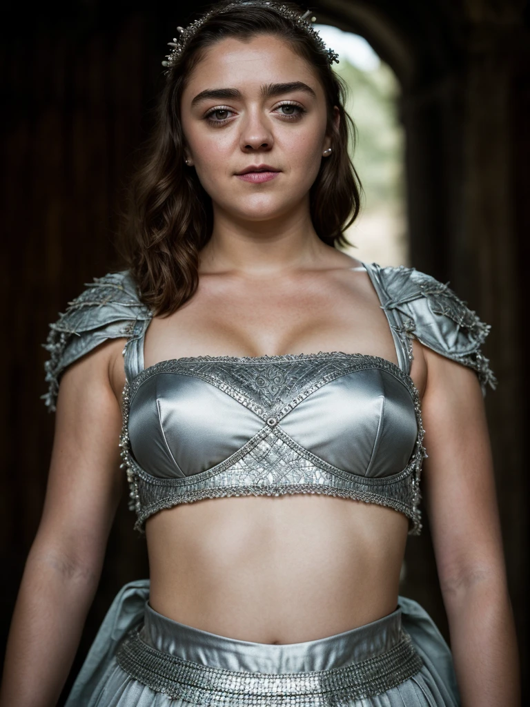 Foto RAW, Arya Stark, Stunning Beauty, Ravishing, Enchantress, Extremely gorgeous lady, Arya Stark PLAYED BY MAISIE WILLIAMS, Queen Arya Stark, she  a mature woman now, milf, sexy mediaeval battle dress, gladiator woman, body, 40 years old Woman, Roman slave dress, cotton dress, busty mediaeval costumes, body revealing costumes, perky breast, big natural breast, erotic costumes, lusty physique, seductive figure can capture every people's attention, Game of thrones costumes, revealing captivating figure, Mediaeval costumes, revealing clothes, A tomboy, she would rather fence than dance, warrior queen , game of thrones screen caps, Game of Thrones Series, (pele altamente detalhada: 1.2), 8k UHD, DSLR, soft-lighting, alta qualidade, grain of film, Fujifilm XT3, flawless picture, highly detailed, detailed Beauty, intricate, 32k, sharp picture,