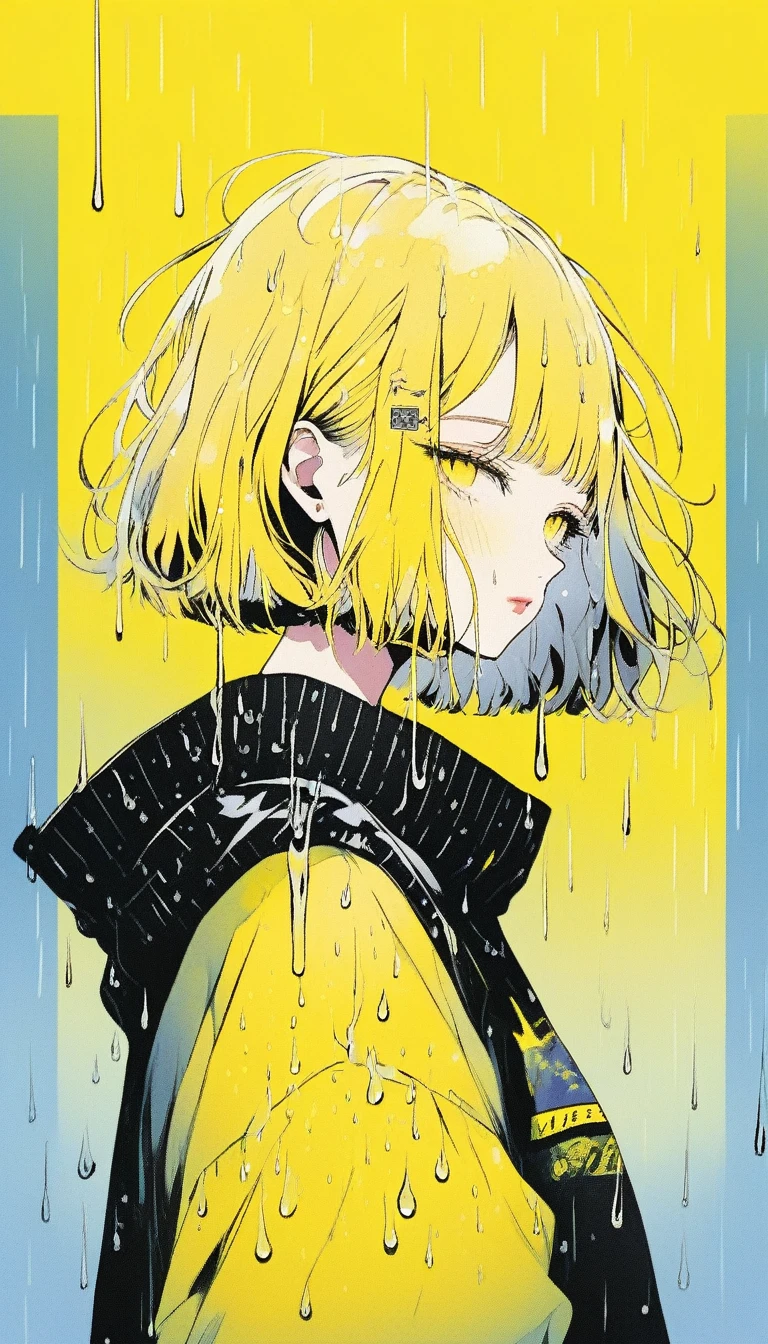 Illustrator, anime , Realistic ,sketch , Abstract rain on background、1 girl, ,lip, sweater,order, Yellow gradient background, Yellow Hair,Short Bob、blacktshirt、Textured Trim, Canadian, (masterpiece,Highest quality) Cancer
