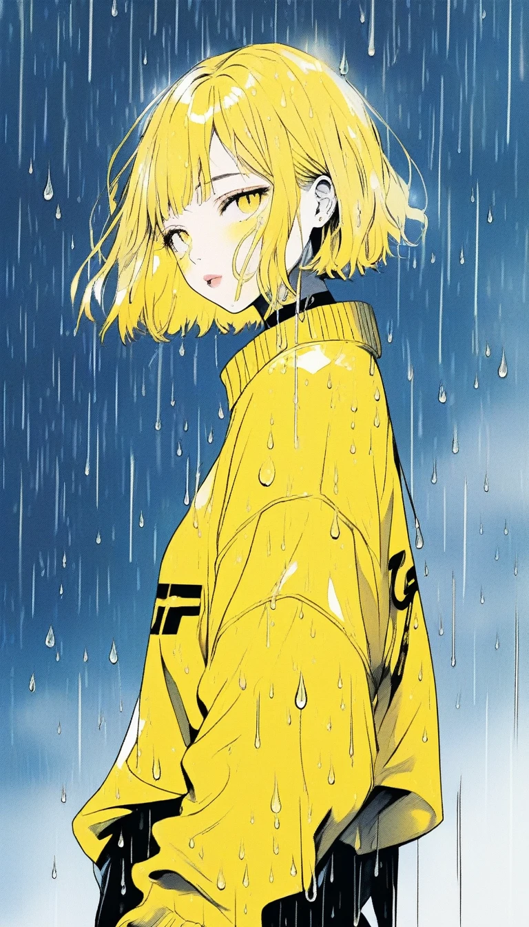 Illustrator, anime , Realistic ,sketch , Abstract rain on background、1 girl, ,lip, sweater,order, Yellow gradient background, Yellow Hair,Short Bob、blacktshirt、Textured Trim, Canadian, (masterpiece,Highest quality) Cancer