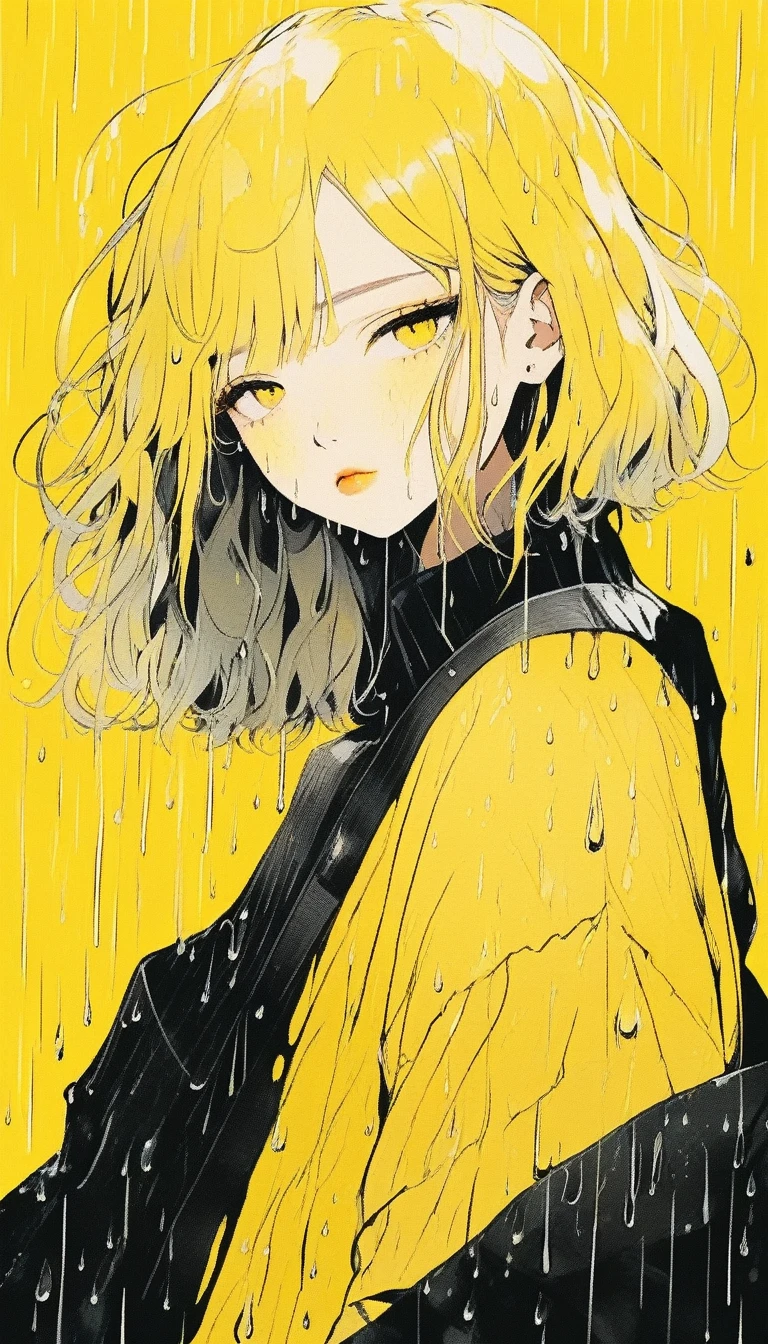 Illustrator, anime , Realistic ,sketch , Abstract rain on background、1 girl, ,lip, sweater,order, Yellow gradient background, Yellow Hair,Short Bob、blacktshirt、Textured Trim, Canadian, (masterpiece,Highest quality) Cancer