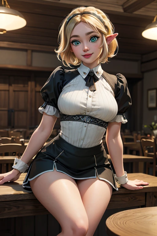 wide shot, ((best quality)), ((highly detailed)), masterpiece, (detailed eyes, deep eyes), (1girl), dynamic angle, cowboy shot,TOTK zelda, woman, smile, ((short blonde hair )), ((green eyes)),firm breasts, realistic proportions, curvy body, lipstick, curvy hips, subtly visible breasts, day lighting, ((petite body)), french maid, lace, nylons, sitting on table, high heels
