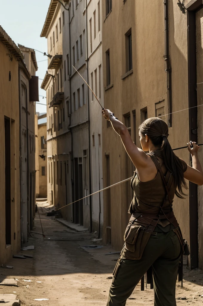 A woman pulls back a longbow and shoots an arrow in a deserted street