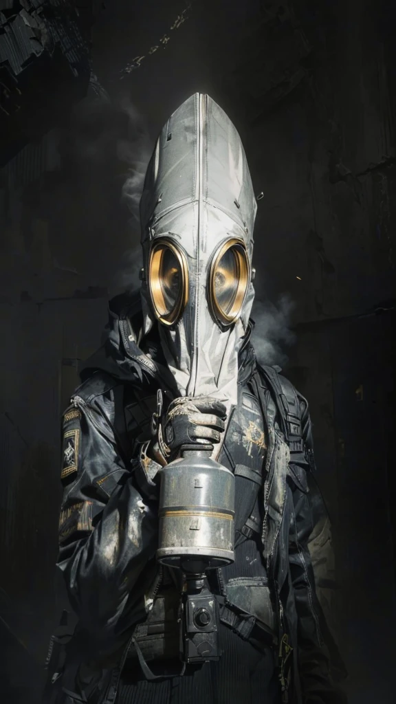 (Best Quality,16k,High Resolution,Masterpiece:1.2),Super Detail, male, Rebel, Masked, Rebel, Latex Gas Mask, Gas Mask With Yellow Accent Color, Disturbance, Dangerous Rebellion, Deep Hood, Dystopia, Post-Apocalypse, Disobedience, Anarchy, Rough Texture, Revolution, Building collapsed city, smoky toxic gas, weird lighting, burning sky, dim, ominous atmosphere, lost, social unrest, political turmoil