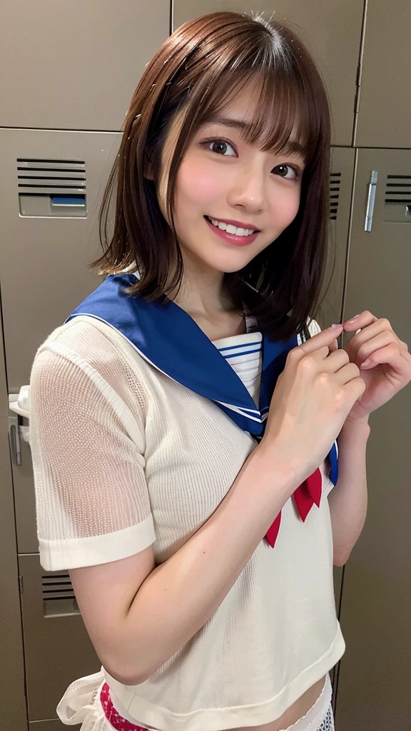 highest quality, masterpiece, ultra high resolution, (realistic:1.4), (portrait facing each other) Raw photo, 1 girl, 20-year-old,((school uniform,bow,white mesh panty,stocking,NSFW)),((Short hair and bandana)),((looking up at the viewer)),realistic,((Simple solid color locker background)), picture media chest)),((toothy smile)),
