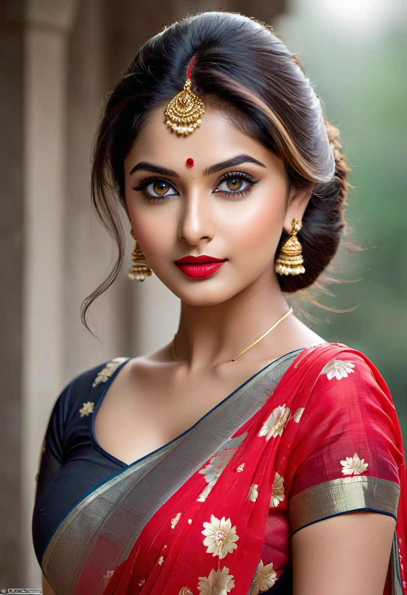 perfect pink eyes, fantastic face, Indian, beautiful look, ((red lips, bright eyes, curve heir 1.5)), ((beautiful details medium breast )), (Straight round and ultra huge clevage, not sagging breast), A glorious gorgeous, glorious gorgeous face, pretty face, bright eyes, detailed elegant printed red saree, updo elegant hair, blurred gray tones background, ultra focus, face ilumined, face detailed, 8k resolution, clicked by camesa , razumov style and garmash style, by Tokaito, ((Full Open )), full body, sexy open thin belly,