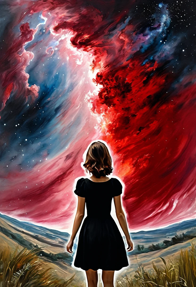 ((View from behind)): [Young 1 girl, Cute Black Chaos Hurricane Bob to the Wind, ((El Greco style/Thomas Mann/John Constable!)!) Baroque::20]:background[Nebula IC434 deep red/Bat] (art：Slawomir-Maniak), A canvas with a rich watercolor palette/acrylic, complicated, Extreme detail, Composite Keys, ((Single Shot)), ((Highest quality)), ((masterpiece)) , ((perspective)), (Ideal Body), 8k, Impressionism: 0.2 Full HD Wallpapers