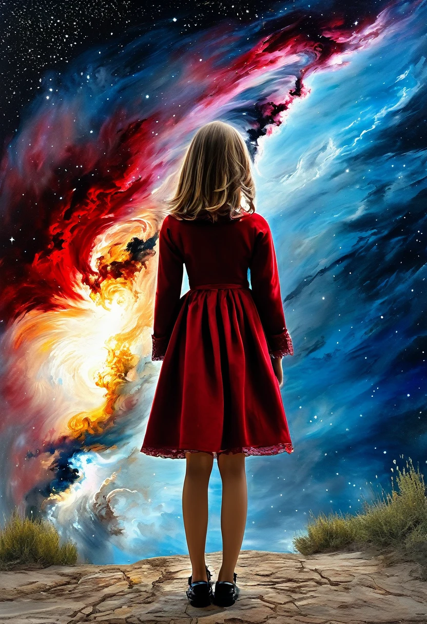 ((View from behind)): [Young 1 girl, Cute Black Chaos Hurricane Bob to the Wind, ((El Greco style/Thomas Mann/John Constable!)!) Baroque::20]:background[Nebula IC434 deep red/Bat] (art：Slawomir-Maniak), A canvas with a rich watercolor palette/acrylic, complicated, Extreme detail, Composite Keys, ((Single Shot)), ((Highest quality)), ((masterpiece)) , ((perspective)), (Ideal Body), 8k, Impressionism: 0.2 Full HD Wallpapers