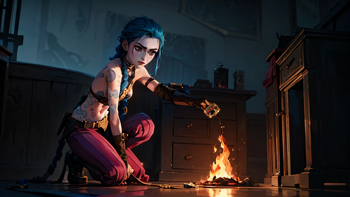 (masterpiece, Best quality), 1 girl, portrait, very sexy, crazy look, smile, crying, pink tears, tears on the cheeks, tears from eyes, full length (full body 1.1.), очень feminine, fighting stance, battle, fire, explosions, burning city, beautiful waist, gloomy composition, flame, fire, Flash, very beautiful, feminine, long hair, hair braided in long braids, very sexy, tight leather pants, emphasis on the eyes, face accent, Beautiful face, Hands, Hair, Haired ponytail, red purple eyes, Джинкс crying, Blue cloud tattoo, (masterpiece, Best quality), Side lighting, beautiful detailed eyes, crazy face), (Best quality), (masterpiece), magic photography, Spectacular lighting, Photorealism, ultra detailed, интимная portraitная композиция, 1. 4,8 k UHD, aesthetic, Cd., A high resolution, 8 k, better lighting, Best shade, Ultra-HD, A high resolution, sharp focus, complex background, Cinematic lighting, ((Landscape view)), 4K block, (better lighting), ((Cinematic lighting)),