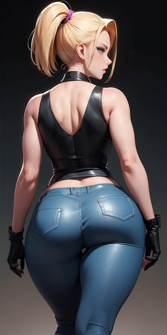takes a woman similar to Android 18 from behind, She's wearing a tight blue suit that hugs each of my curves., dejando mis brazos y abdomen expuestos. Sobre el traje, tengo una chaqueta sin mangas de color negro que le da un toque punk. My blonde hair is up in an elegant and sophisticated hairstyle..
En mis manos, I wear the characteristic black gloves of Android 18, y en mis pies, unas botas altas que me dan un porte intimidante pero sexy. My eyes are lined with a touch of blue shadow that highlights my determined look.. Plan from behind, ((showing the ass))