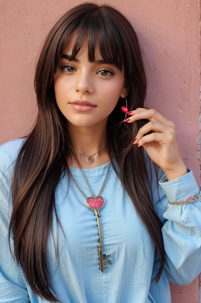 A girls only hand palm in a key ,and the hand is half open and nails big and red nail police in the lail, and the heart shape locket in the key