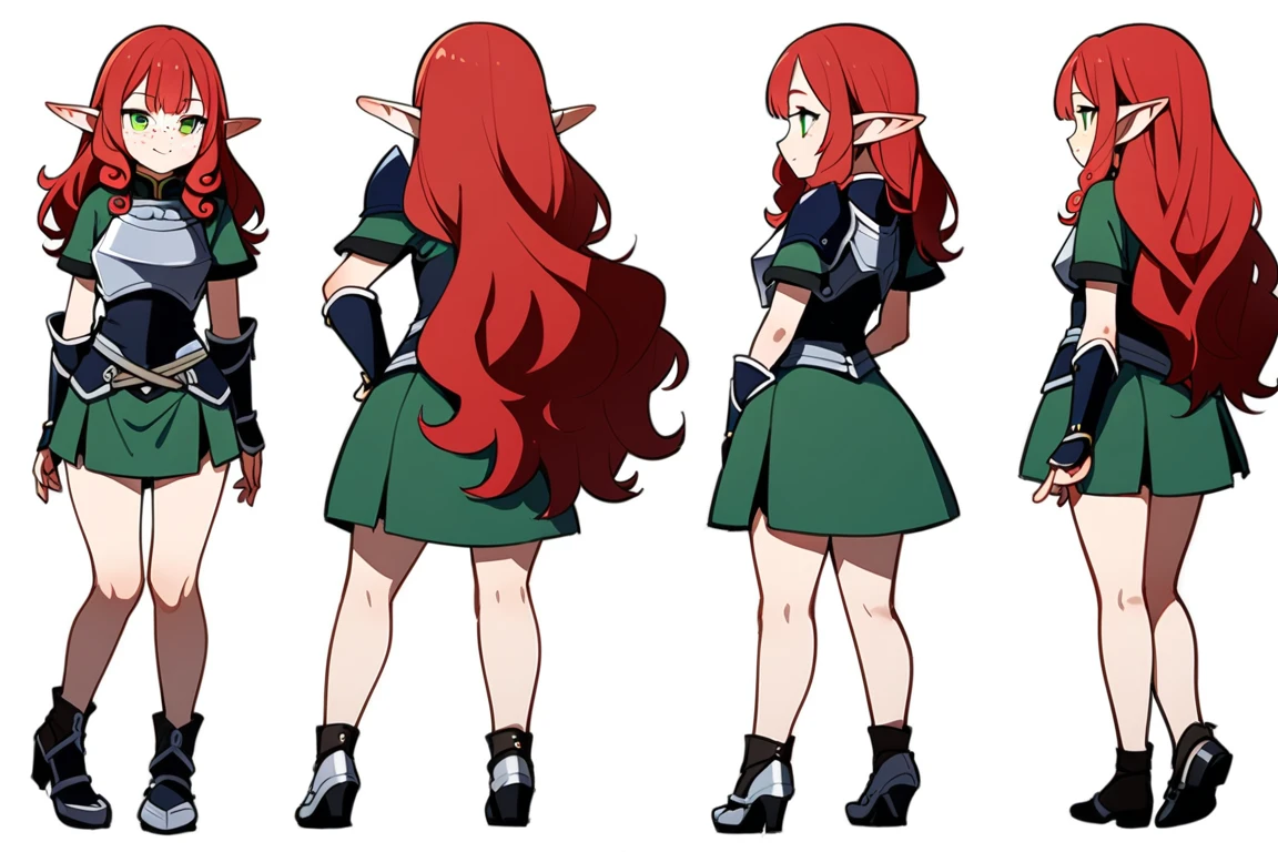 (The same character,front,side,back)White background,(whole body)girl,Red hair,Long curly hair,Green eyes,Wearing armor,Short skirt,Freckles,Elf ears,whole body像,Equal proportions,Same clothes,Same shoes,有side,有front,有back