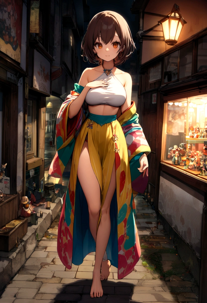 full bodyesbian, Wear colorful kimonos, 17-year-old girl, 17-year-old Japanese girl on a dark city street, Dark and creepy streets, Petite girl, There is a chest, figure, Short brown hair, Exposing the abdomen, midriff exposed, small , ((Big breasts Thin waist)), a small face,Barefoot,?????