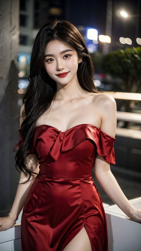 A sweet girl by the yatch,voluminous hair,Delicate face,Photorealsitic,of a real,largeaperture,wears a dark red dress,A cropped dress,Off-the-shoulder,A dress around the neck,Slim,smiles,Ultra-high resolution, Blurred background