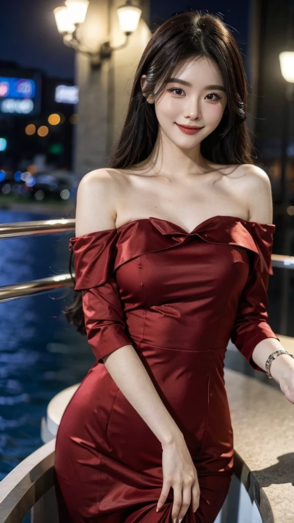 A sweet girl by the yatch,voluminous hair,Delicate face,Photorealsitic,of a real,largeaperture,wears a dark red dress,A cropped dress,Off-the-shoulder,A dress around the neck,Slim,smiles,Ultra-high resolution, Blurred background