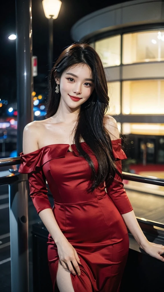 A sweet girl by the yatch,voluminous hair,Delicate face,Photorealsitic,of a real,largeaperture,wears a dark red dress,A cropped dress,Off-the-shoulder,A dress around the neck,Slim,smiles,Ultra-high resolution, Blurred background