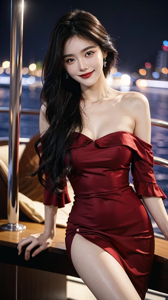 A sweet girl by the yatch,voluminous hair,Delicate face,Photorealsitic,of a real,largeaperture,wears a dark red dress,A cropped dress,Off-the-shoulder,A dress around the neck,Slim,smiles,Ultra-high resolution, Blurred background