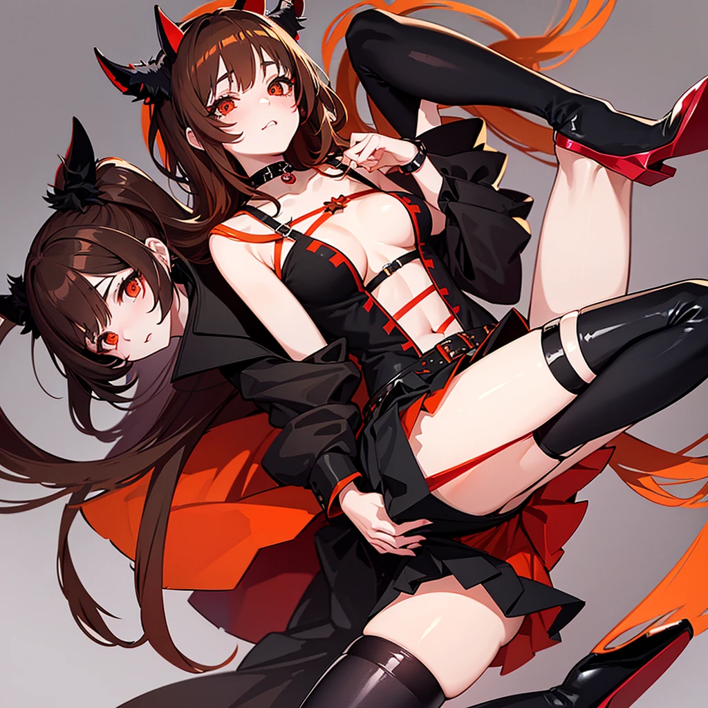 Anime, Female, Hellhound Girl, mini skirt, red top decorated with black bow, black spike choker, leg stockings, high heels, brown hair with orange strands